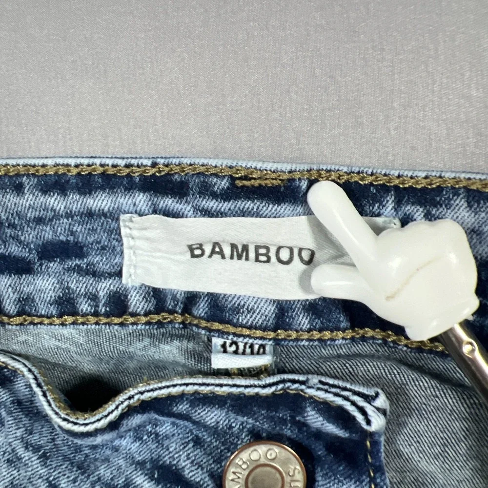 Bamboo Denim Cut Off Shorts Women 13-14 Blue Cotton Floral Embroidered Acid Wash